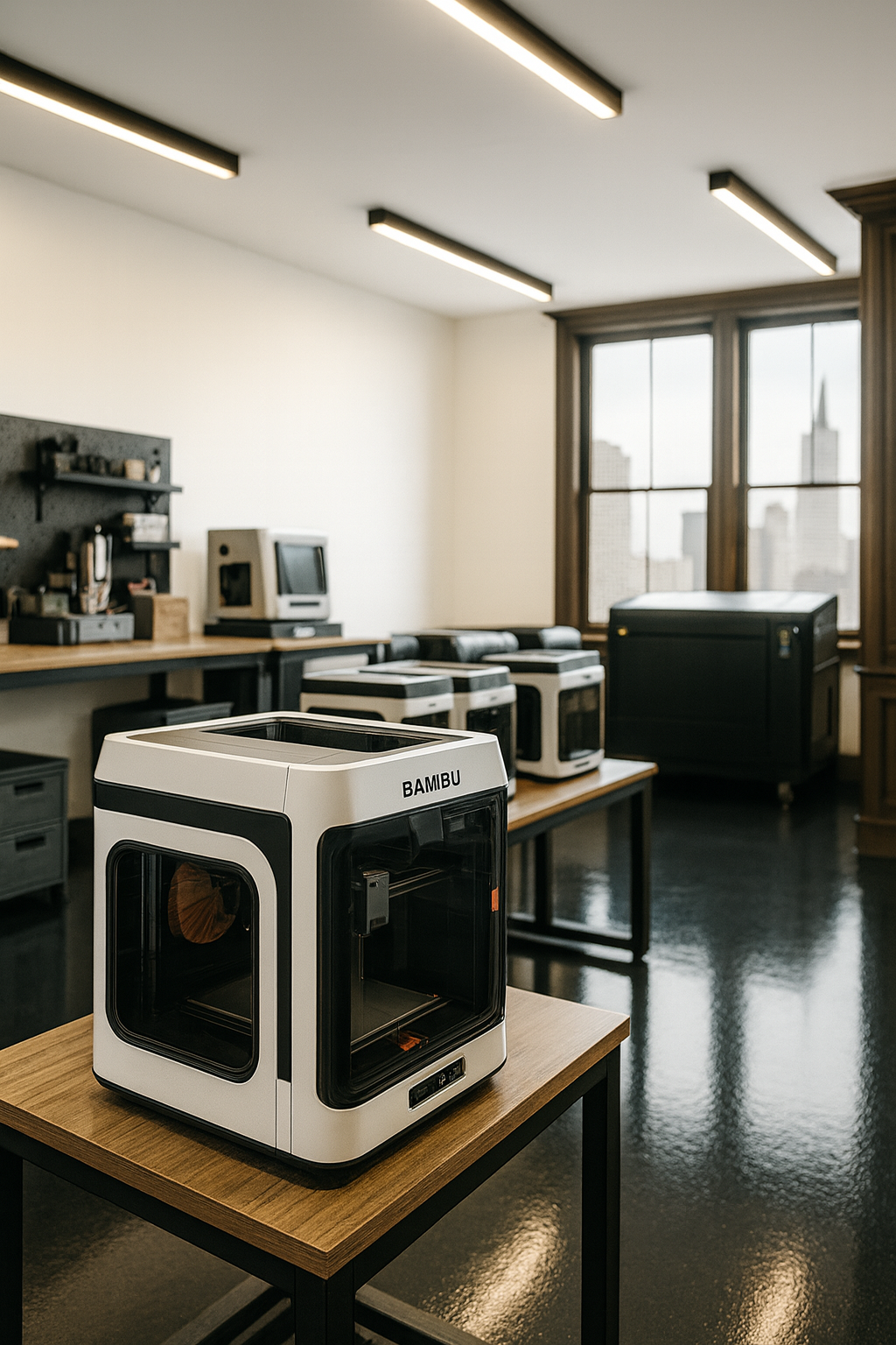 3D printing farm with Bambu Labs X1 Carbon printers and resin printer